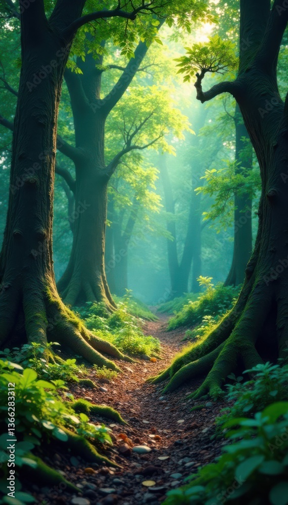 Obraz premium Wooden forest terrain with gnarled tree trunks and foliage , forest floor, earthy tones