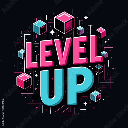 Colorful digital art depicting "Level Up" gaming concept, motivation