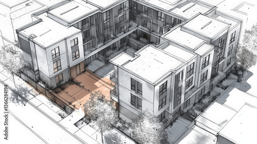 Hand-drawn architectural rendering of a residential apartment complex with central courtyard, showcasing urban planning and building design concepts.
 photo