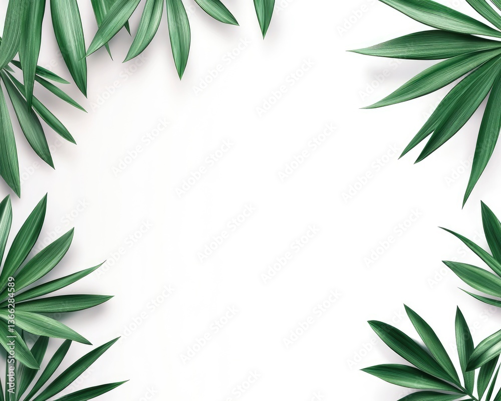 Fototapeta premium Green Palm Leaves on White Background Frame with Tropical Design