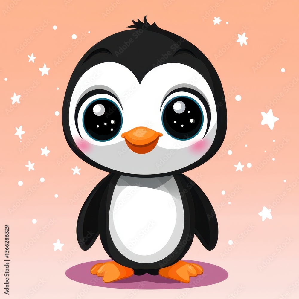 Fototapeta premium Adorable Cartoon Penguin Chick with Big Eyes on Peach Background