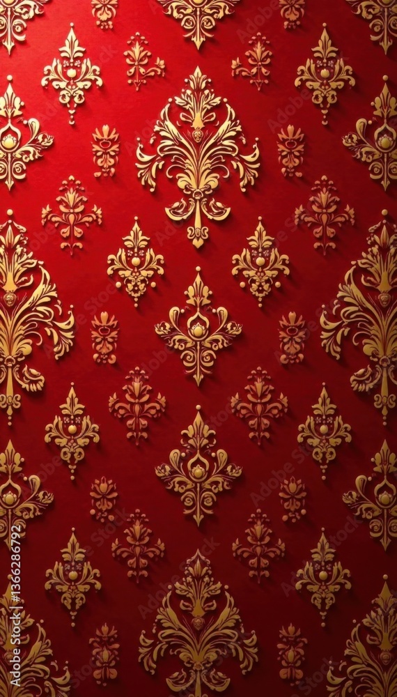 Intricate damask pattern on red wallpaper background with gold accents and floral motifs, floral pattern, damask Intricate damask pattern on red wallpaper background with gold accents and floral motifs, floral pattern, damask