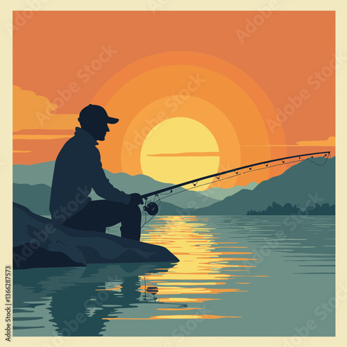 Fisherman Sitting by the Lake at Sunset  