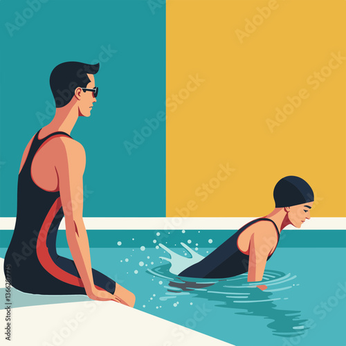 Swimmer diving into the pool while coach observes  