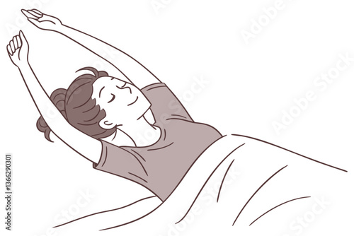 Morning Stretch. Woman in Bed After Waking Up