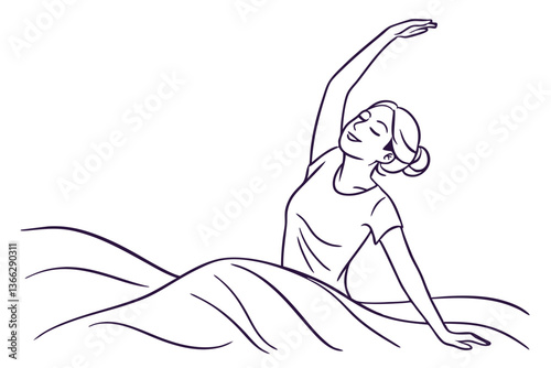 Morning Stretch. Woman in Bed After Waking Up