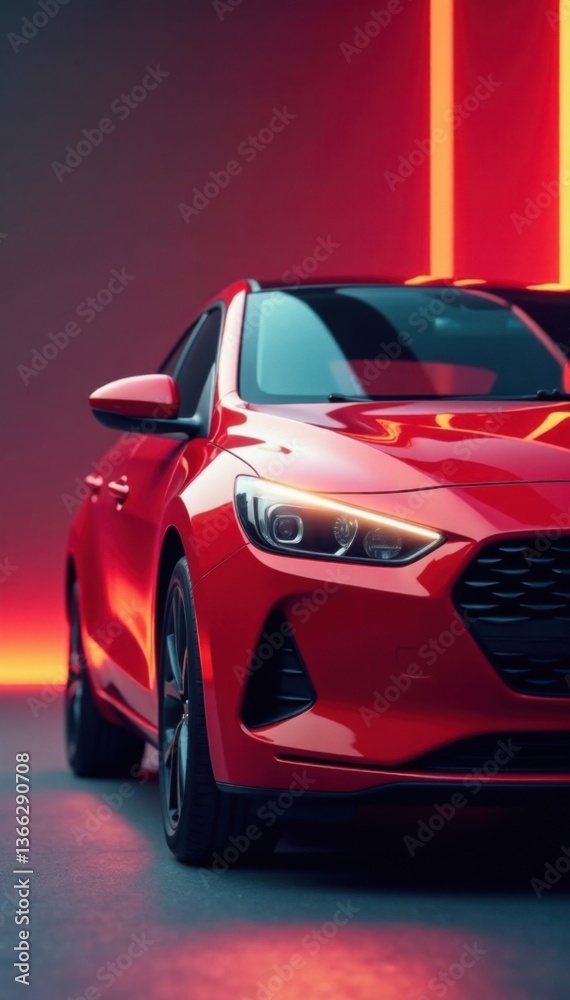 Naklejka premium Side profile of a compact sedan with curved headlights and flat front grille, new car models, car features, car exterior