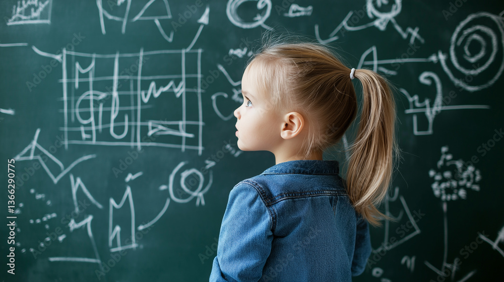 A young girl standing in front of a chalkboard filled with complex math equations and shapes, deep in thought or learning. A young girl standing in front of a chalkboard filled with complex math equations and shapes, deep in thought or learning.