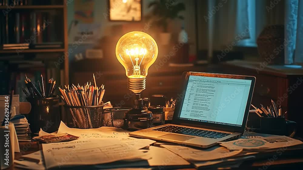 Cozy workspace with glowing lamp and organized chaos