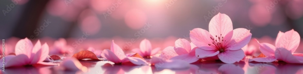 Fototapeta premium Soft pink sakura petals gently settle on a bed of leaves against a tranquil background, sakura bloom, sakura flowers, leafy foliage