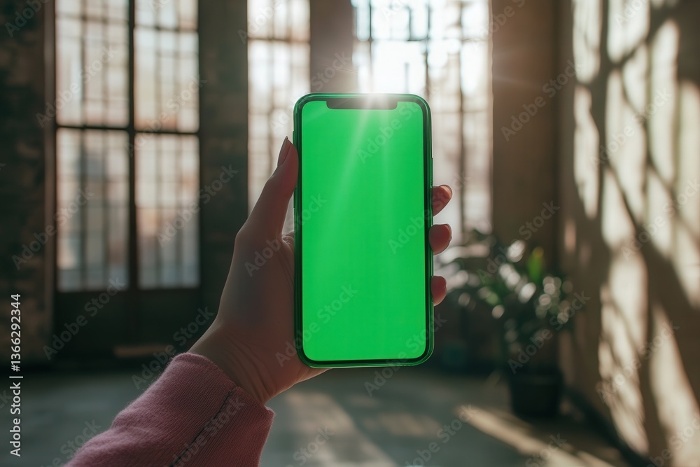 Close-up of a smartphone with a green screen held in front of bright window light. Close-up of a smartphone with a green screen held in front of bright window light.