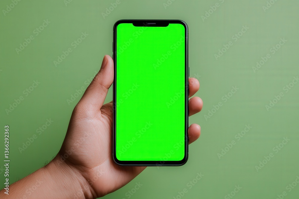 Person holding smartphone with vibrant green screen on a plain background. Person holding smartphone with vibrant green screen on a plain background.