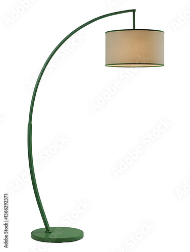 Modern arched floor lamp with sleek curved metal frame and bold lampshade on a white background