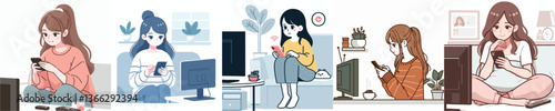 young woman playing smartphone while watching tv