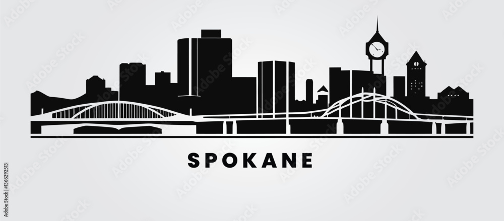 Obraz premium Monochrome Spokane – Iconic Landmarks in Silhouette Cityscape Art