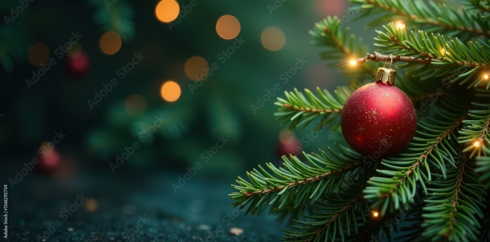 Merry fir branches decorated with ornaments and lights, evergreen trees, wintry scenery Merry fir branches decorated with ornaments and lights, evergreen trees, wintry scenery