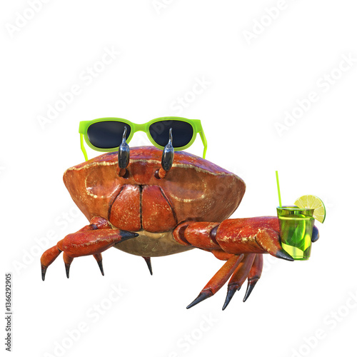 A red ghost crab with sunglasses holding a glass with a green lemonade soda and a lime. Concept of summer. 3D illustration on transparent background. 