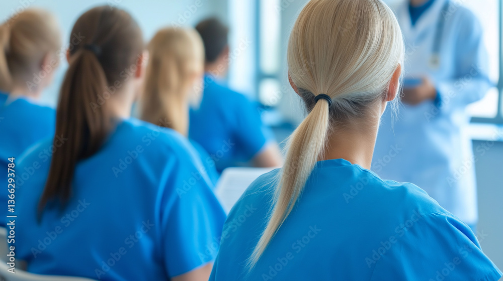 A group of healthcare professionals in blue scrubs attending a lecture or medical training session, with a doctor presenting in the background. A group of healthcare professionals in blue scrubs attending a lecture or medical training session, with a doctor presenting in the background.