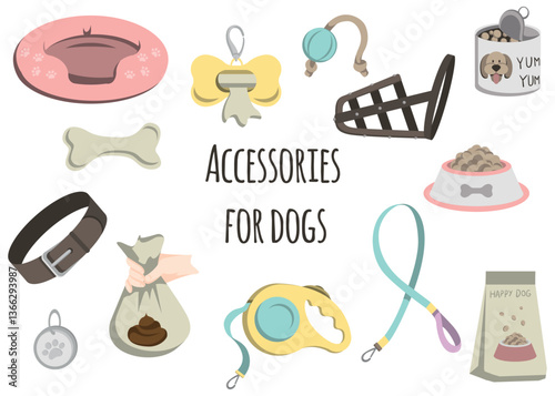 Accessories for dogs. Products and services for pets. Set of vector illustrations for book design, print, icons, poster