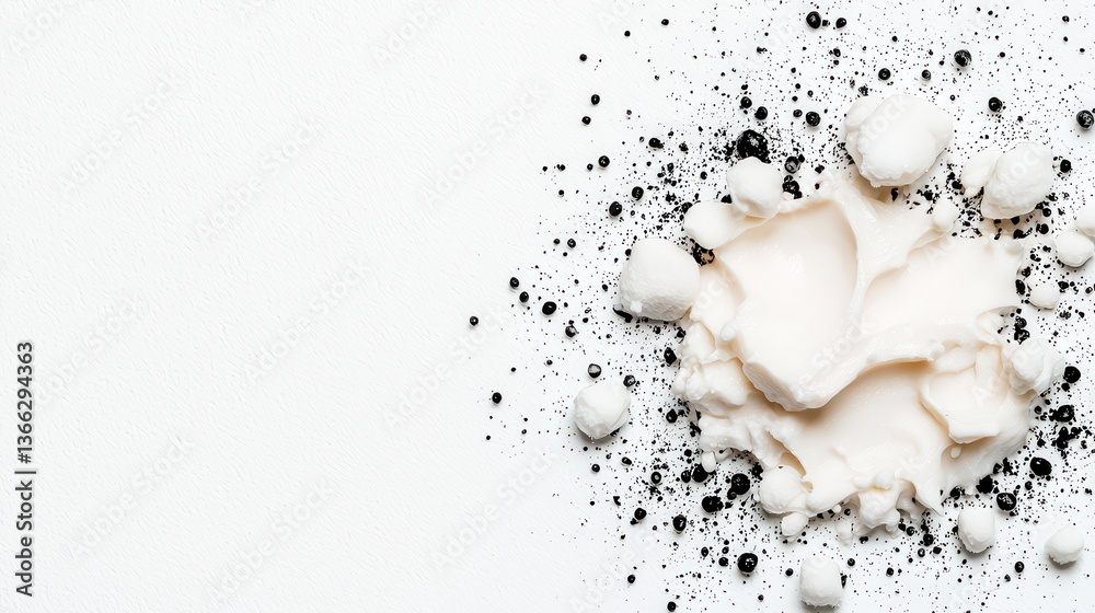Close-up display of a white substance with black dots creating a textured and artistic composition on a smooth surface Close-up display of a white substance with black dots creating a textured and artistic composition on a smooth surface