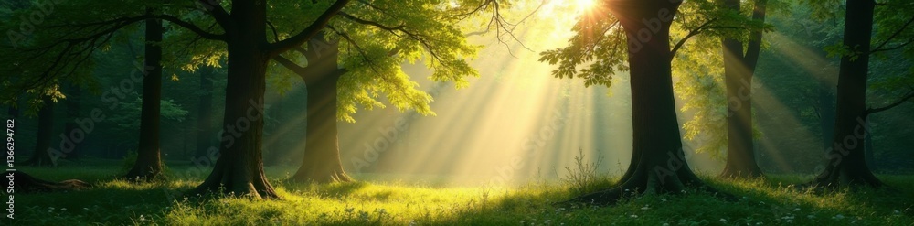 Obraz premium Panorama of a serene forest with sunbeams filtering through the trees, forest, sunlight, foliage