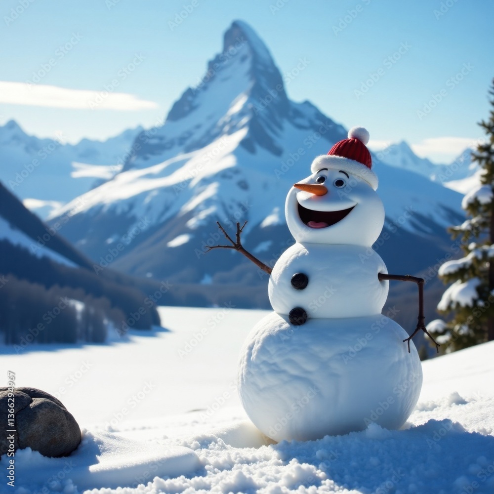 Obraz premium A happy snowman stands proudly amidst a breathtaking panoramic view of a snow-capped mountain peak and a frozen lake in the background, cold weather, isolated
