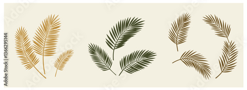 Three elegant botanical wreaths with golden and green palm leaves, feathers and branches on cream background. Minimalist tropical design elements for luxury branding and decoration.