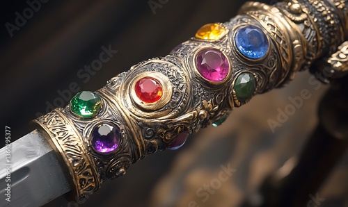 A detailed closeup of an ornate bejeweled dagger blade