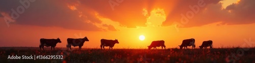 Silhouette of cows grazing in a field at sunset , field, countryside