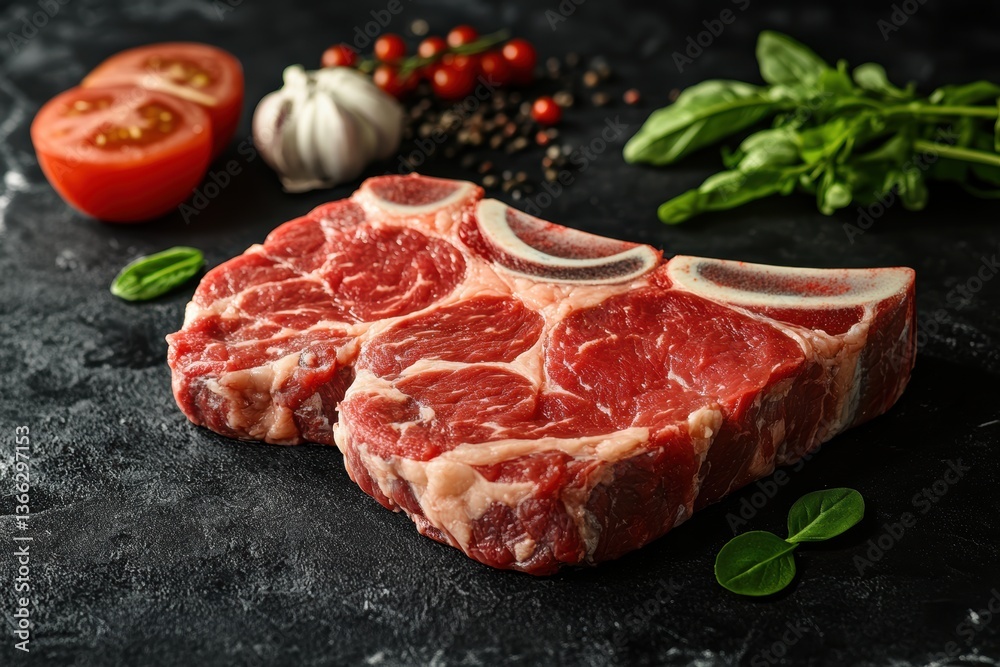 Fototapeta premium 新鮮な肉と野菜を使った料理の準備風景、雑貨テーブルの上に広がる美味しい食材