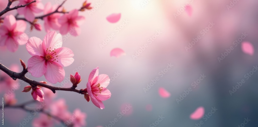 Obraz premium Soft pink sakura petals floating gently in the air against a serene misty background, pastel colors, soft focus
