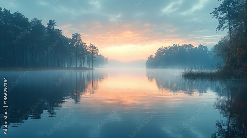 Fototapeta premium Serene Dawn at Lake with Misty Reflections and Pine Trees 