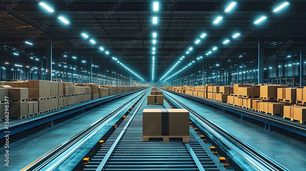 Obraz premium A long industrial warehouse showing shipping boxes on conveyor belts