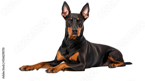 Doberman pinscher lying down, isolated, looking straight ahead, cut out transparent