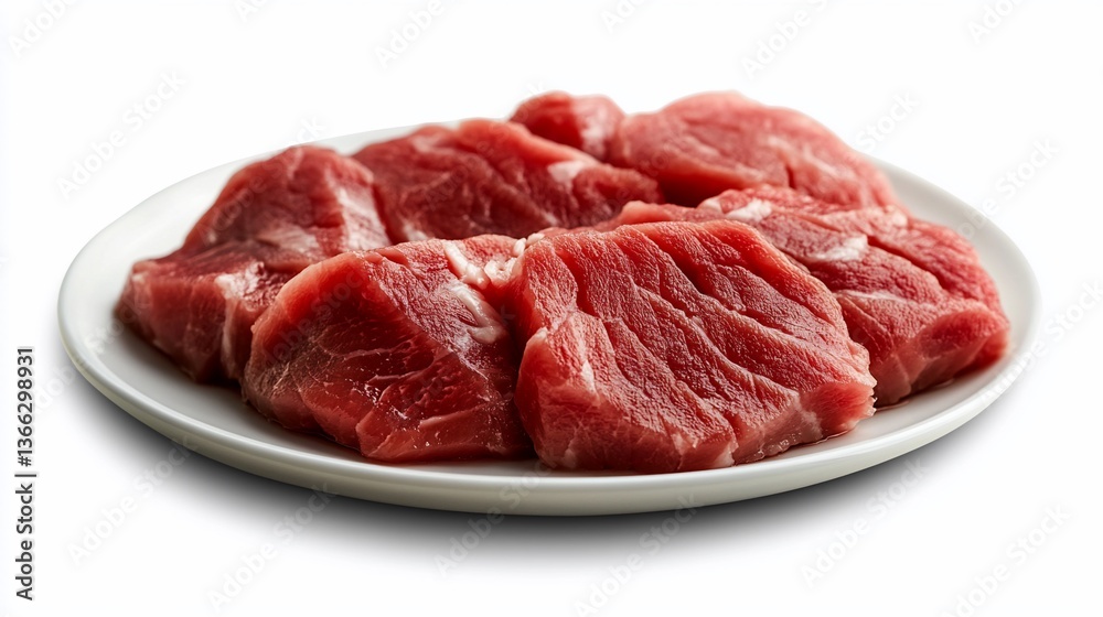 Fresh and Vibrant Cut Raw Meat Portions on a White Circular Plate Fresh and Vibrant Cut Raw Meat Portions on a White Circular Plate