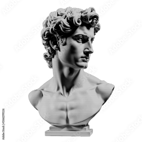 Glitchy monochrome bust with cyberpunk vibes. Pixelated distortion on a classic sculpture. Ideal for artistic and experimental use.