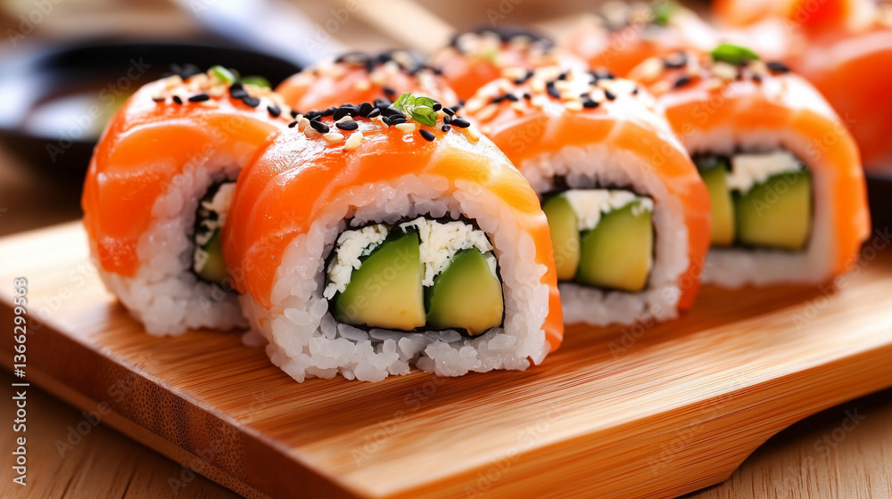 Sushi rolls with salmon, avocado, and rice on a wooden plate Sushi rolls with salmon, avocado, and rice on a wooden plate
