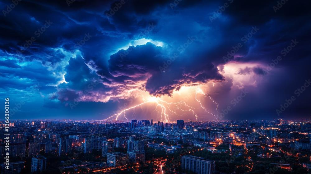 Fototapeta premium dramatic thunderstorm with lightning bolts illuminates cityscape at night
