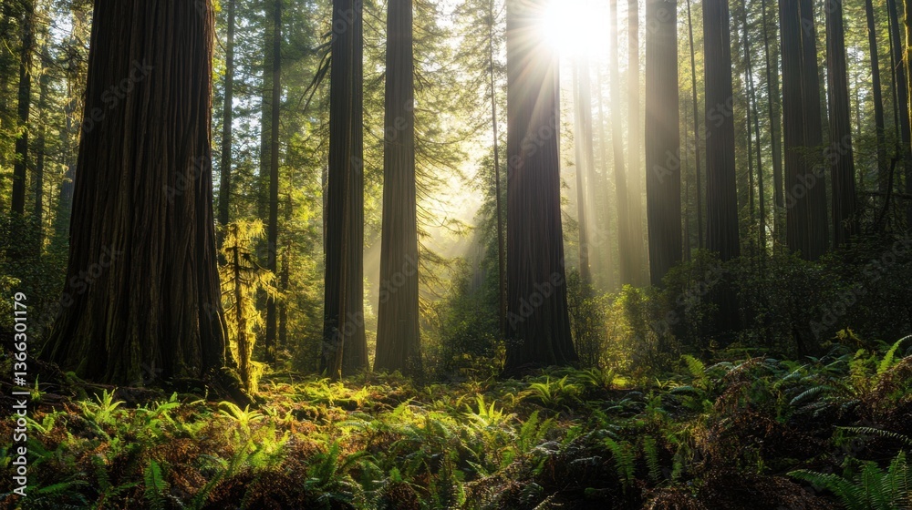 Obraz premium Majestic Sunlight Filtering Through Dense Redwood Forest in Tranquil Morning
