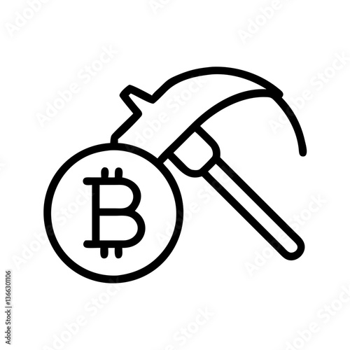 Bitcoin mining tool with pickaxe and symbol in minimalistic style  