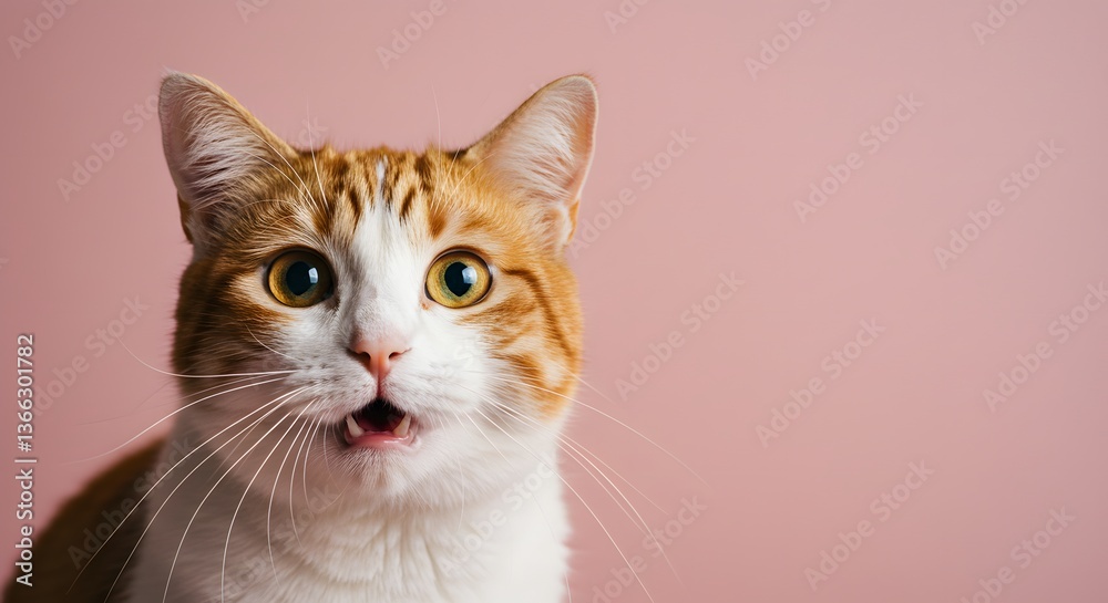 Fototapeta premium Cat Face Close up, Surprised, shocked cat face isolated on a pastel color background with copy space