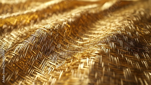 Abstract Golden Woven Texture Background: Detailed Metallic Weave Pattern Design, Luxurious Material Backdrop, Bright & Shiny Aesthetic, Gold Metallic Texture.