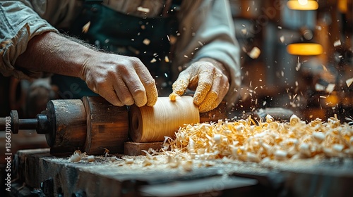 A woodworker is carefully shaping wood on a lathe