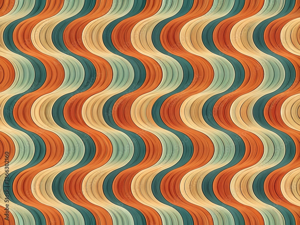 Seamless retro wave pattern with abstract teal, orange, and beige curves, creating a vintage-inspired design with smooth flowing lines Seamless retro wave pattern with abstract teal, orange, and beige curves, creating a vintage-inspired design with smooth flowing lines