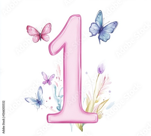 Pink Number One with Watercolor Butterflies and Floral Decorations