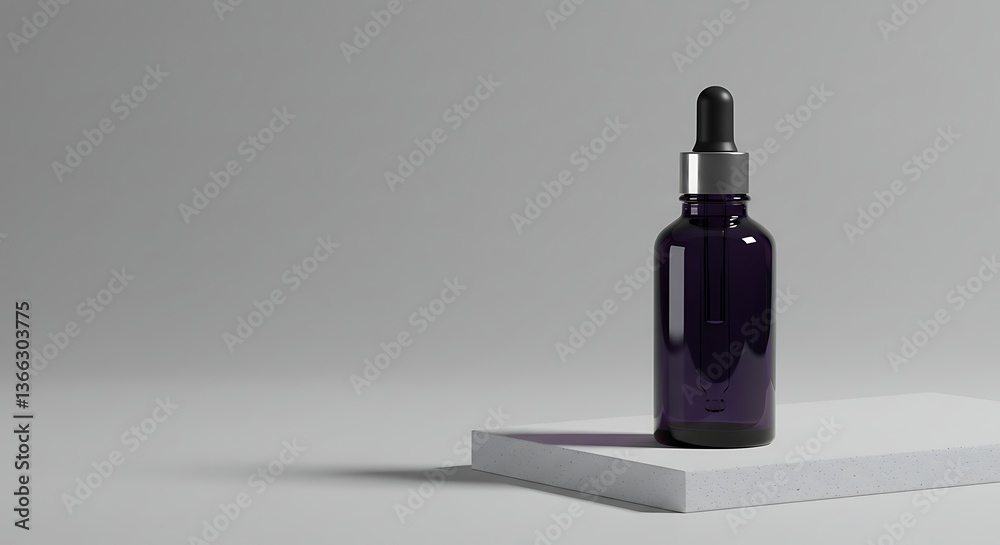 Dark Glass Bottle with Dropper on Platform in Minimalist Studio Setting Dark Glass Bottle with Dropper on Platform in Minimalist Studio Setting