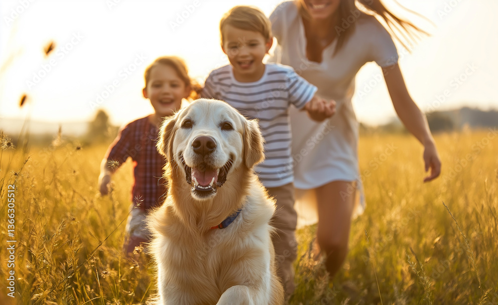 A happy family with two children and a golden retriever dog running together in a field during sunset. A happy family with two children and a golden retriever dog running together in a field during sunset.