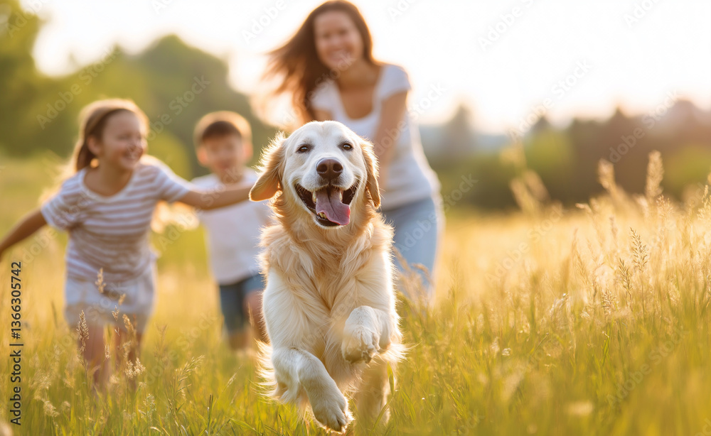 Obraz premium A happy family with two children and a golden retriever dog running together in a field during sunset.