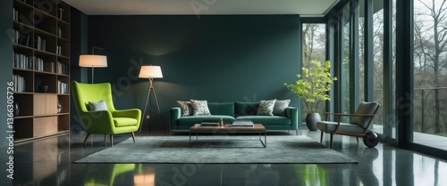 modern living room with green couch and chair illustration