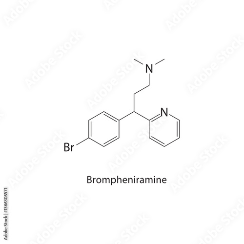 Brompheniramine skeletal structure. Antihistamine compound schematic illustration. Simple diagram, chemical formula.